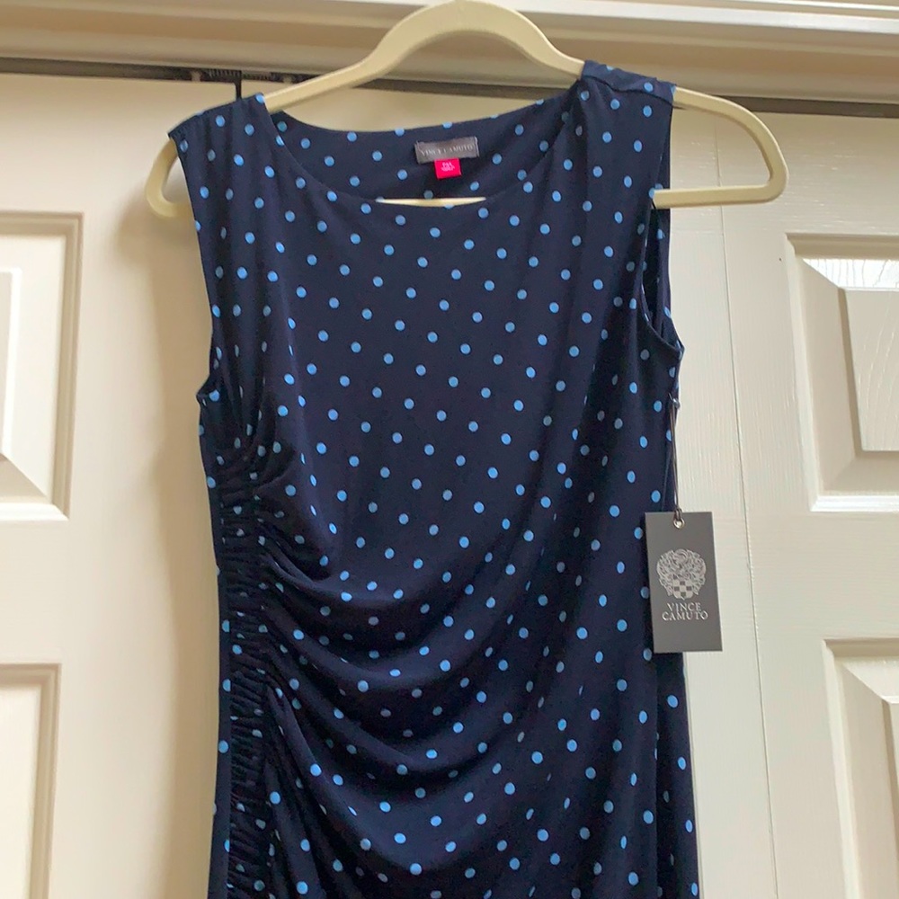 V Camuto navy polka dot asymmetrical maxi dress